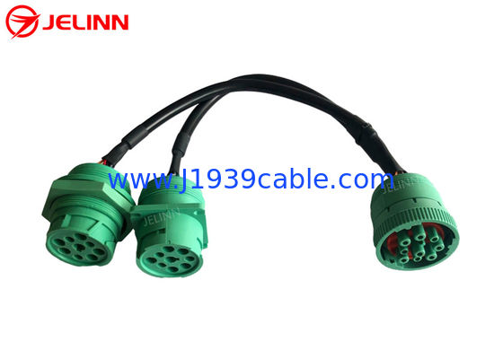 Green Deutsch 9 Pin J1939 ตัวเมียถึง J1939 หน้าแปลนสี่เหลี่ยมชายและเกลียว J1939 ตัวผู้แยก Y Cable